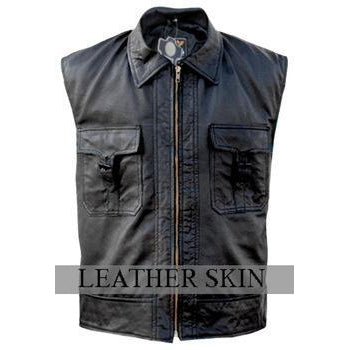 NWT Men Black Genuine Leather Vest with Front Strap Closure Pockets - 100% Genuine Leather
