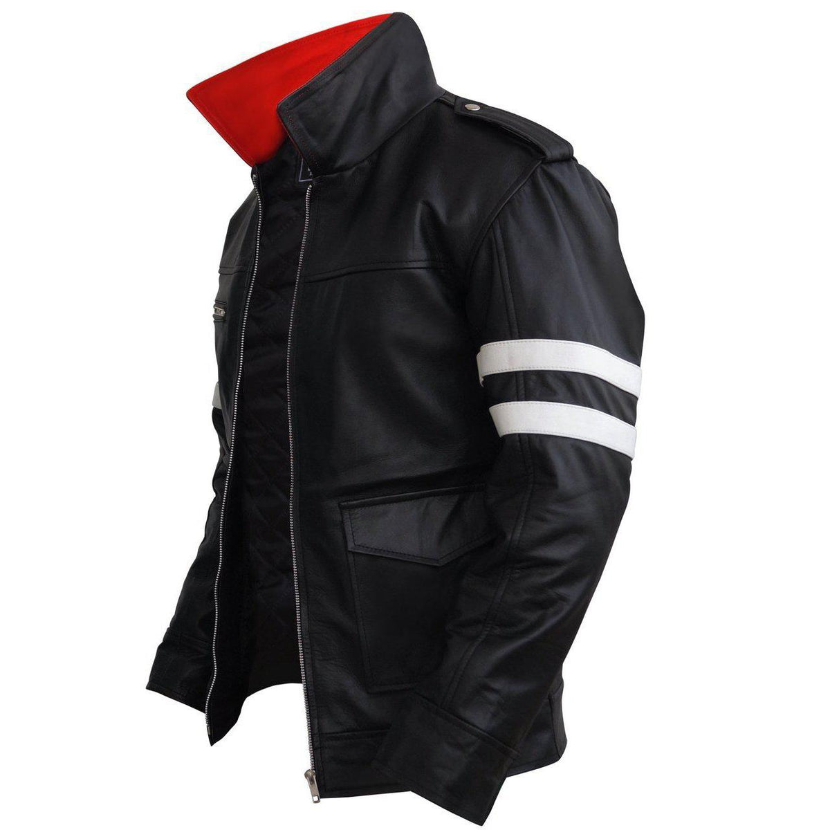 Leather Skin Black Leather Jacket with White Stripes and Dragon Embroided Patch