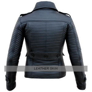 NWT Black Rib Quilted Women Ladies Genuine Leather Jacket