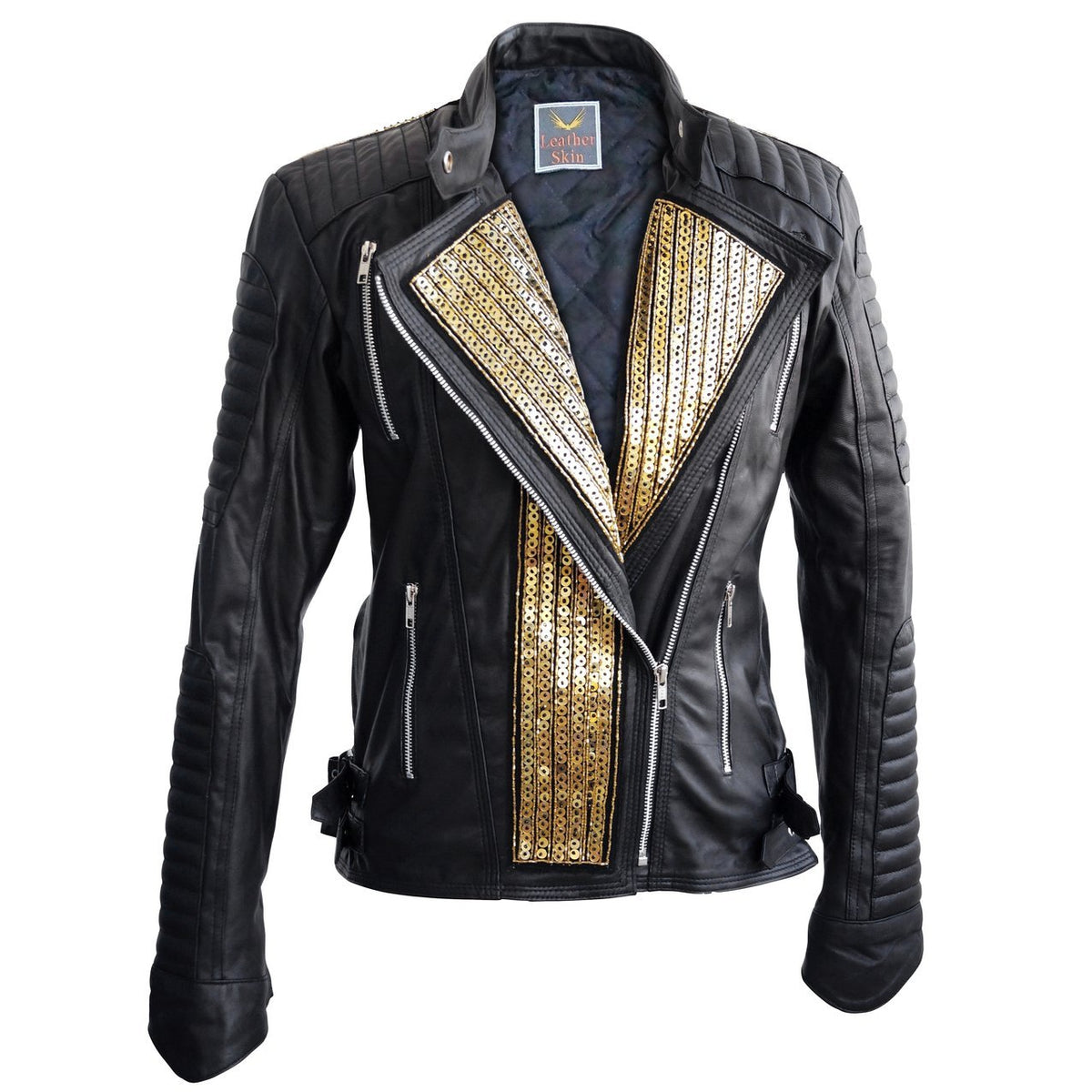 Black Biker Leather Jacket with Gold Zippers for Women - Leather Skin Shop