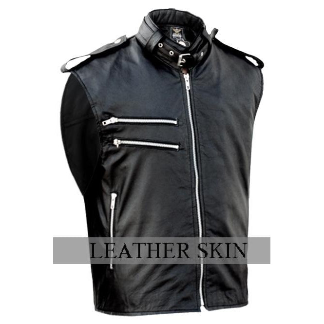 Mens Black Genuine Lambskin Leather Biker Vest Distressed Motorcycle Vest  Jacket