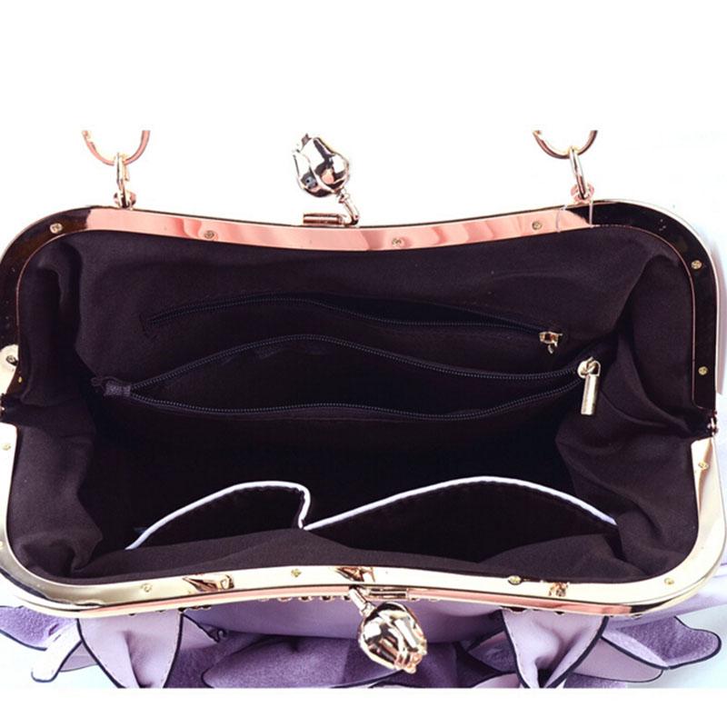 Women Purple Tote Leather Handbag with Floral Design Inside View