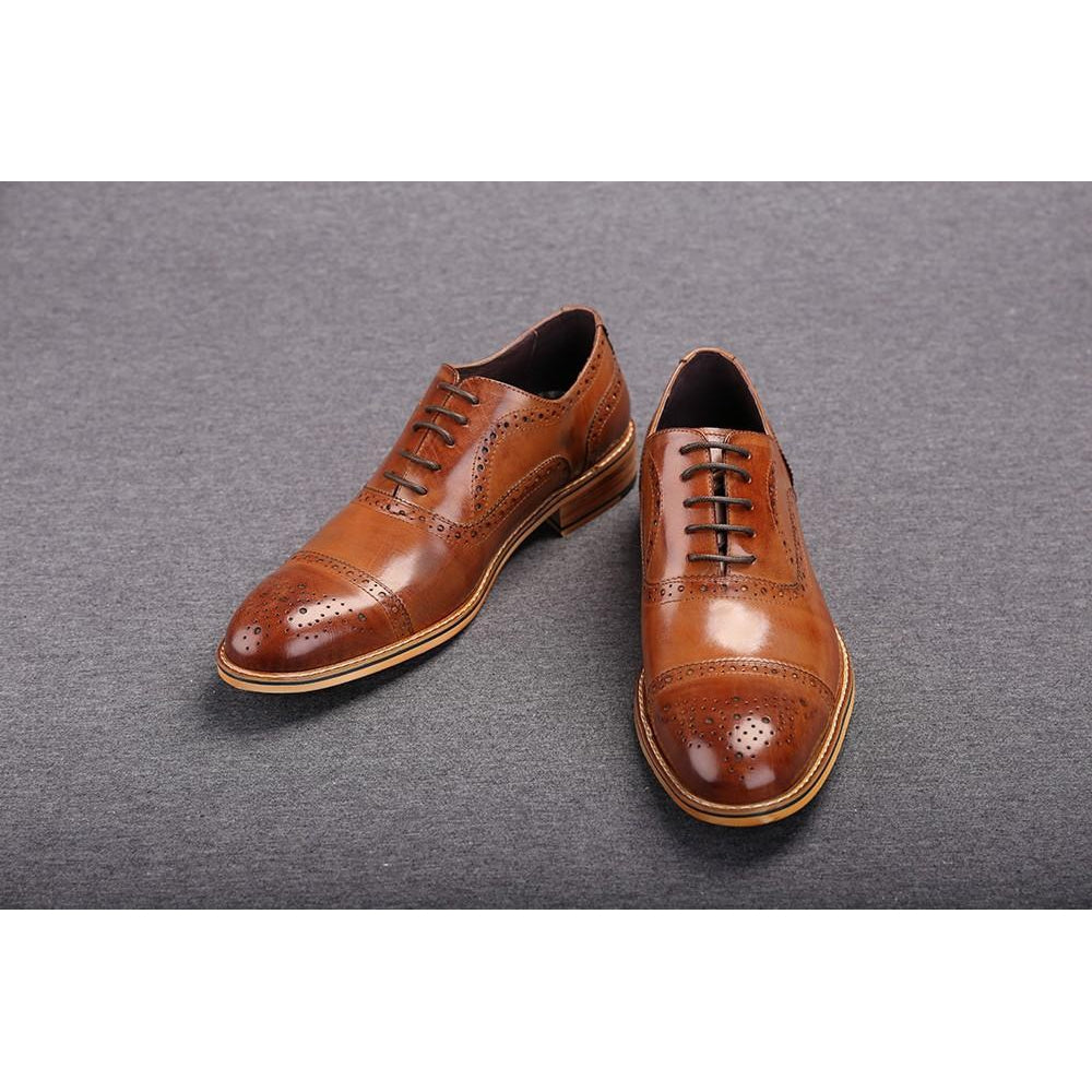 Men Brown Oxford Brogue Genuine Leather Formal Shoes Leather