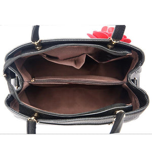 Women Black Tote Messenger Handbag Inside View of Polyester Lining Compartments Empty Bag