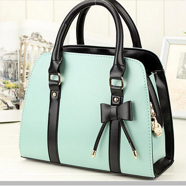 Women Blue Tote Leather Handbag with Attractive Designer Bow