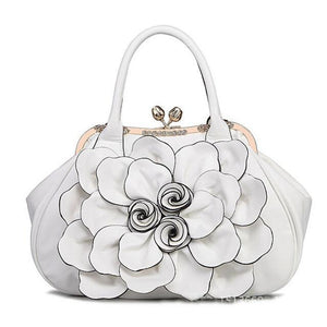 Women White Tote Leather Handbag with Floral Design