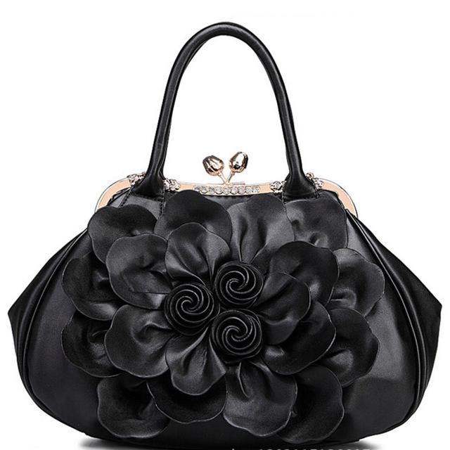 Women Black  Tote Leather Handbag with Floral Design
