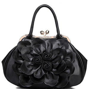 Women Black  Tote Leather Handbag with Floral Design