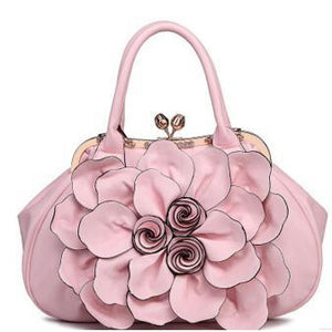 Women Pink Tote Leather Handbag with Floral Design