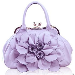 Women Purple Tote Leather Handbag with Floral Design Front