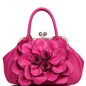 Women Rose Tote Leather Handbag with Floral Design