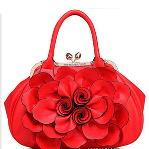 Women Red Tote Leather Handbag with Floral Design