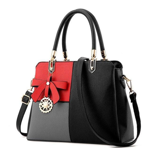 Three Color Combo Faux-Leather Tote Shoulder Bag with a Solar Symbol Tassel