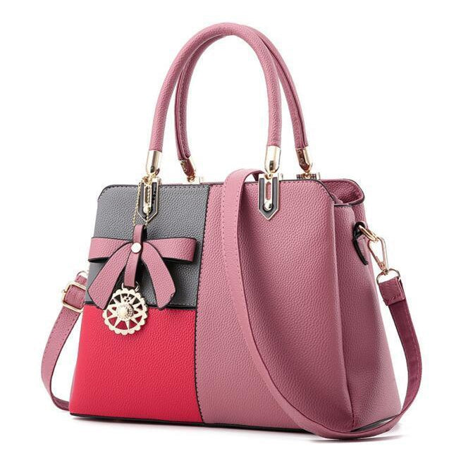 Three Color Combo Faux-Leather Tote Shoulder Bag with a