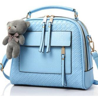 Women Sky Blue Diamond Quilted Leather Tote Messenger Handbag