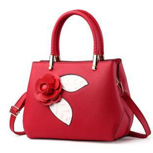 Women Red Tote Messenger Handbag with Flower Front Side