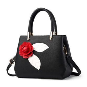 Women Black Tote Messenger Handbag with Flower Front Side