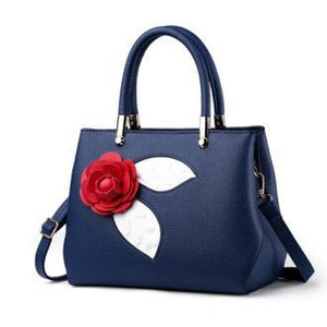 Women Navy Blue Tote Messenger Handbag with Flower Front Side