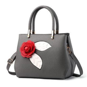 Women Dark Grey Tote Messenger Handbag with Flower Front Side