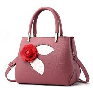Women Pink Tote Messenger Handbag with Flower Front Side