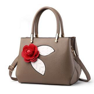 Women Khaki Tote Messenger Handbag with Flower Front Side
