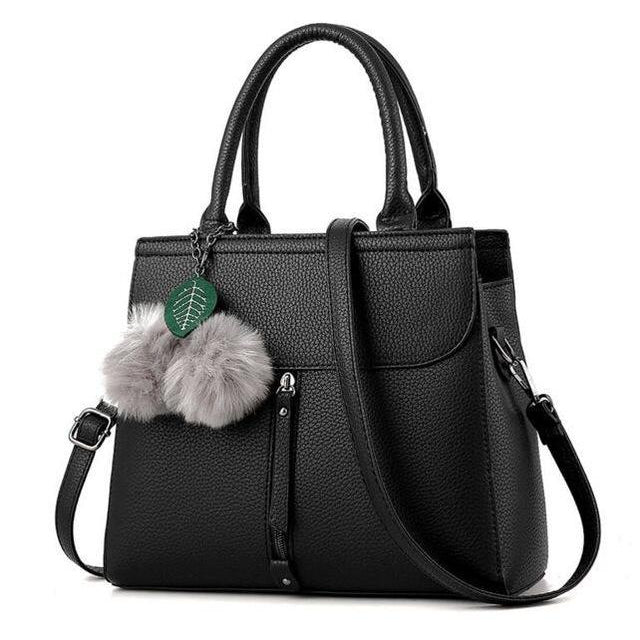 Women Tote Messenger Cross-Body Faux-Leather Bag with Fur and Leaf Shaped Tassels