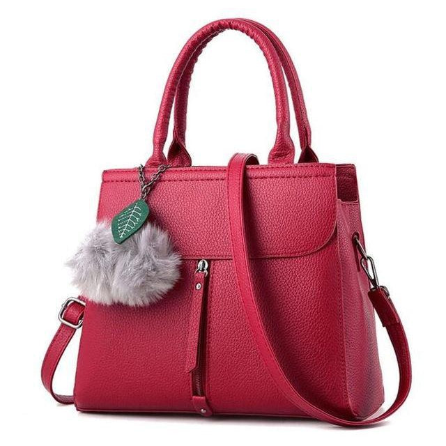 Women Tote Messenger Cross-Body Faux-Leather Bag with Fur and Leaf Shaped Tassels
