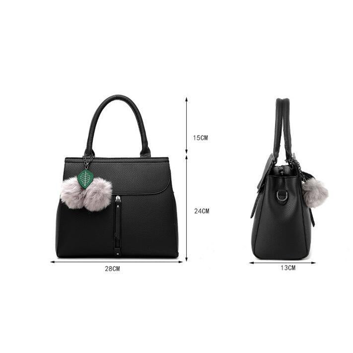 Women Tote Messenger Cross-Body Faux-Leather Bag with Fur and Leaf Shaped Tassels