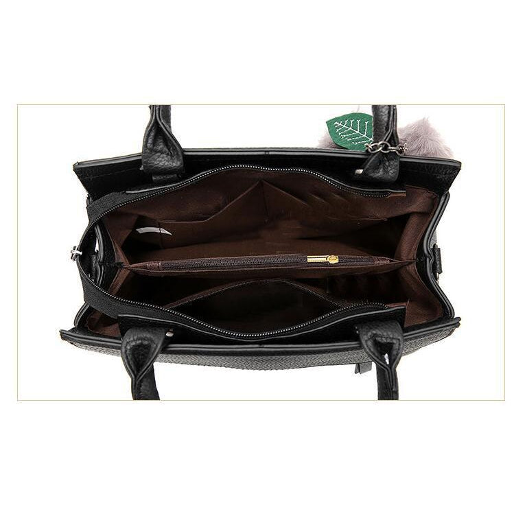 Women Tote Messenger Cross-Body Faux-Leather Bag with Fur and Leaf Shaped Tassels