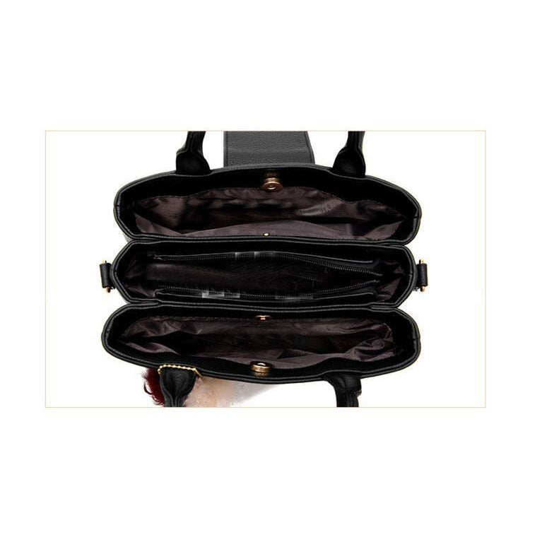 Women Leather Tote Messenger Black Handbag Inside