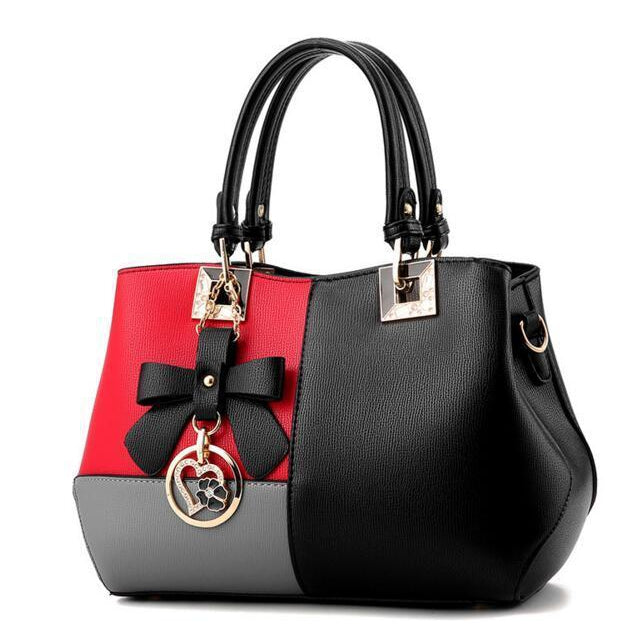 Tri Color Combination Faux-Leather Tote Handbag with Gorgeous Heart Tassel