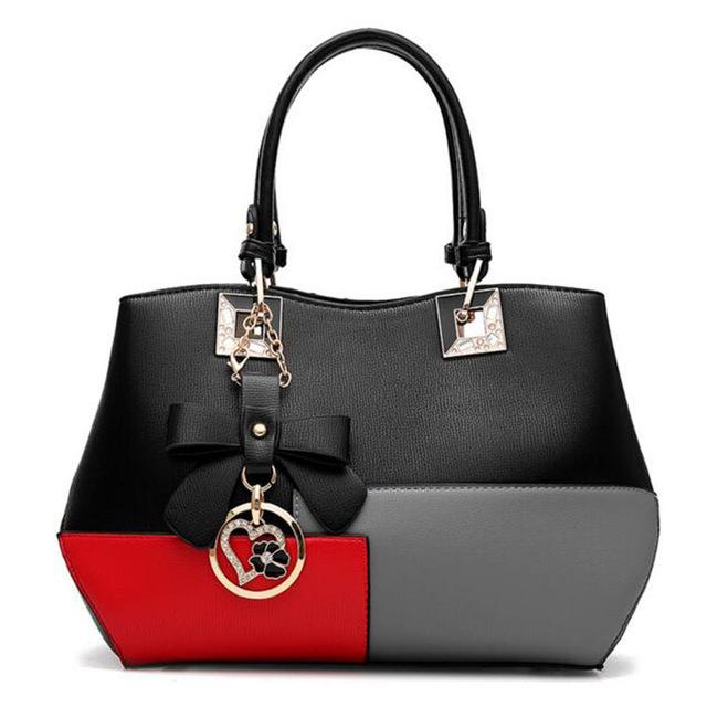 Tri Color Combination Faux-Leather Tote Handbag with Gorgeous Heart Tassel