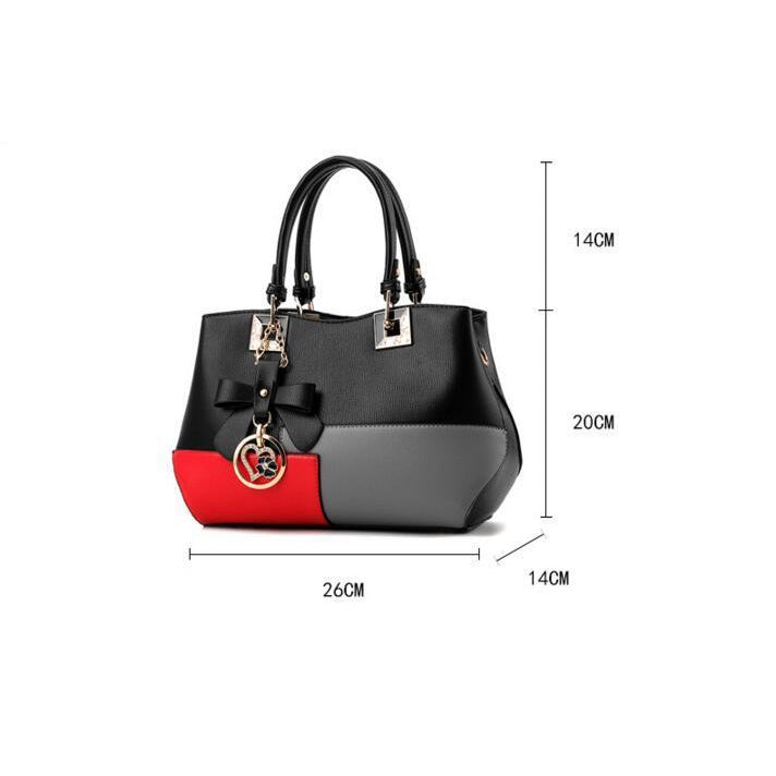 Tri Color Combination Faux-Leather Tote Handbag with Gorgeous Heart Tassel