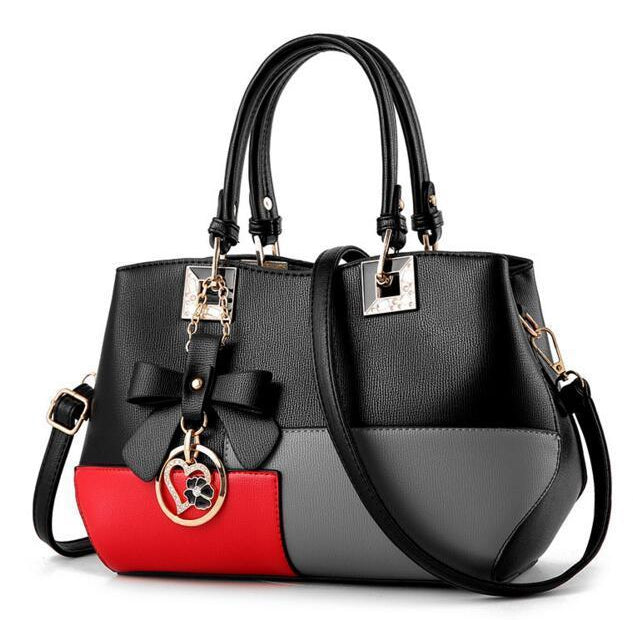 Tri Color Combination Faux-Leather Tote Handbag with Gorgeous Heart Tassel