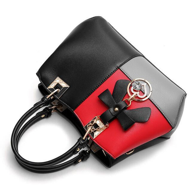 Tri Color Combination Faux-Leather Tote Handbag with Gorgeous Heart Tassel