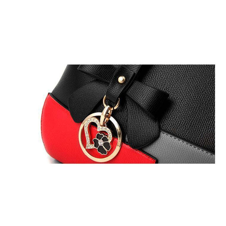 Tri Color Combination Faux-Leather Tote Handbag with Gorgeous Heart Tassel