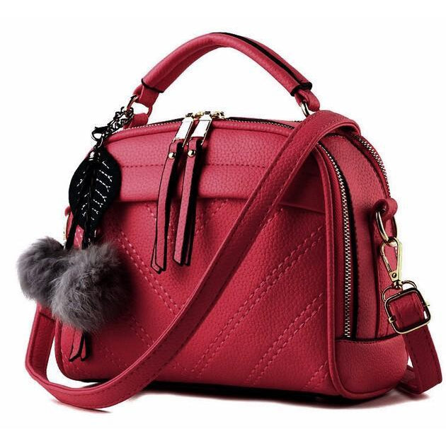 Women Red Leather Tote leaf-shaped Tassels Handbag 