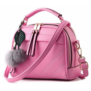 Women Pink Leather Tote leaf-shaped Tassels Handbag 