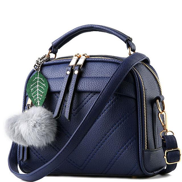 Women Blue Leather Tote leaf-shaped Tassels Handbag