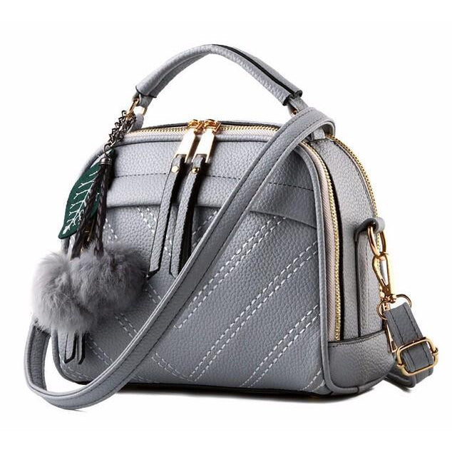 Women Grey Leather Tote leaf-shaped Tassels Handbag 