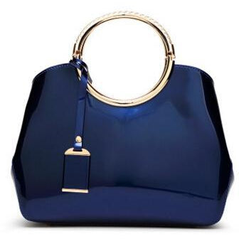 Women Shiny Glossy Faux-Leather Handbag with a Decorative Brass Buckle