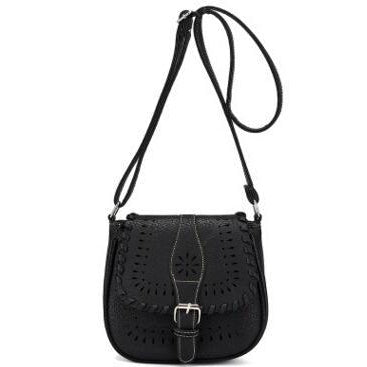 Black Color Crossbody Messenger Handbag with Buckle Flap Closure Front