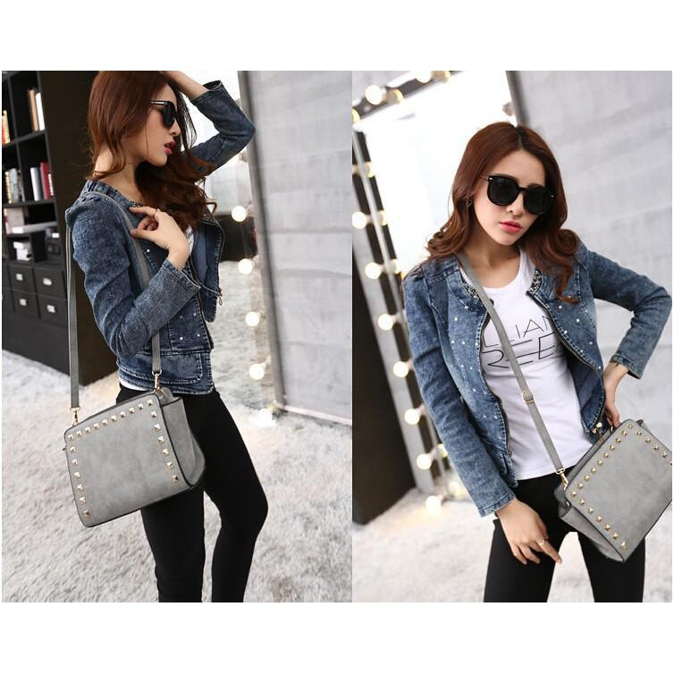 Women Black Crossbody Sling Studded Leather Bag Photography