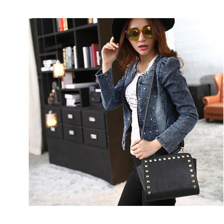 Women Black Crossbody Sling Studded Leather Bag Lookbook