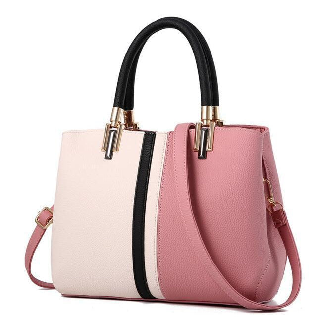 Women Pink Tote Dual Colour Retro Messenger Leather Handbag 