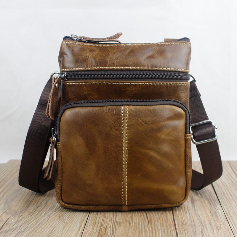 Men Crossbody Messenger Cow Leather Bag with Zipper Pockets