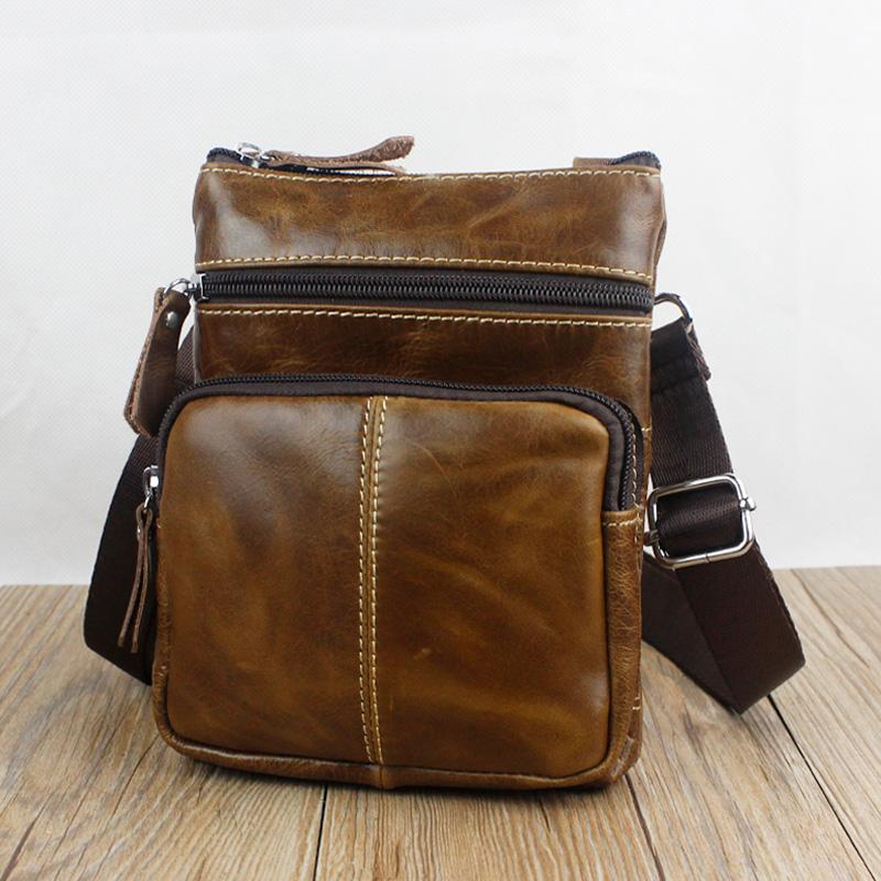 Men Crossbody Messenger Cow Leather Bag with Zipper Pockets