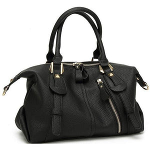 Women Tote Faux-Leather Boston Shoulder Bag with Buckle Design