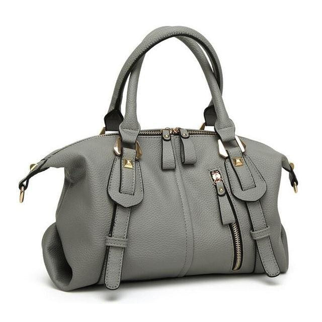 Women Tote Faux-Leather Boston Shoulder Bag with Buckle Design