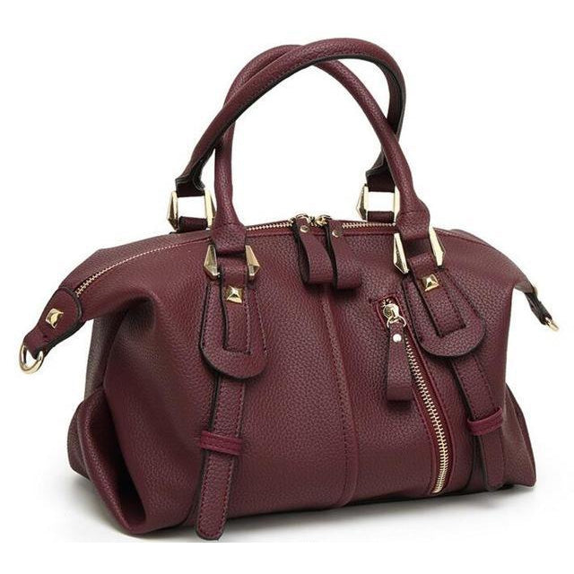 Women Tote Faux-Leather Boston Shoulder Bag with Buckle Design
